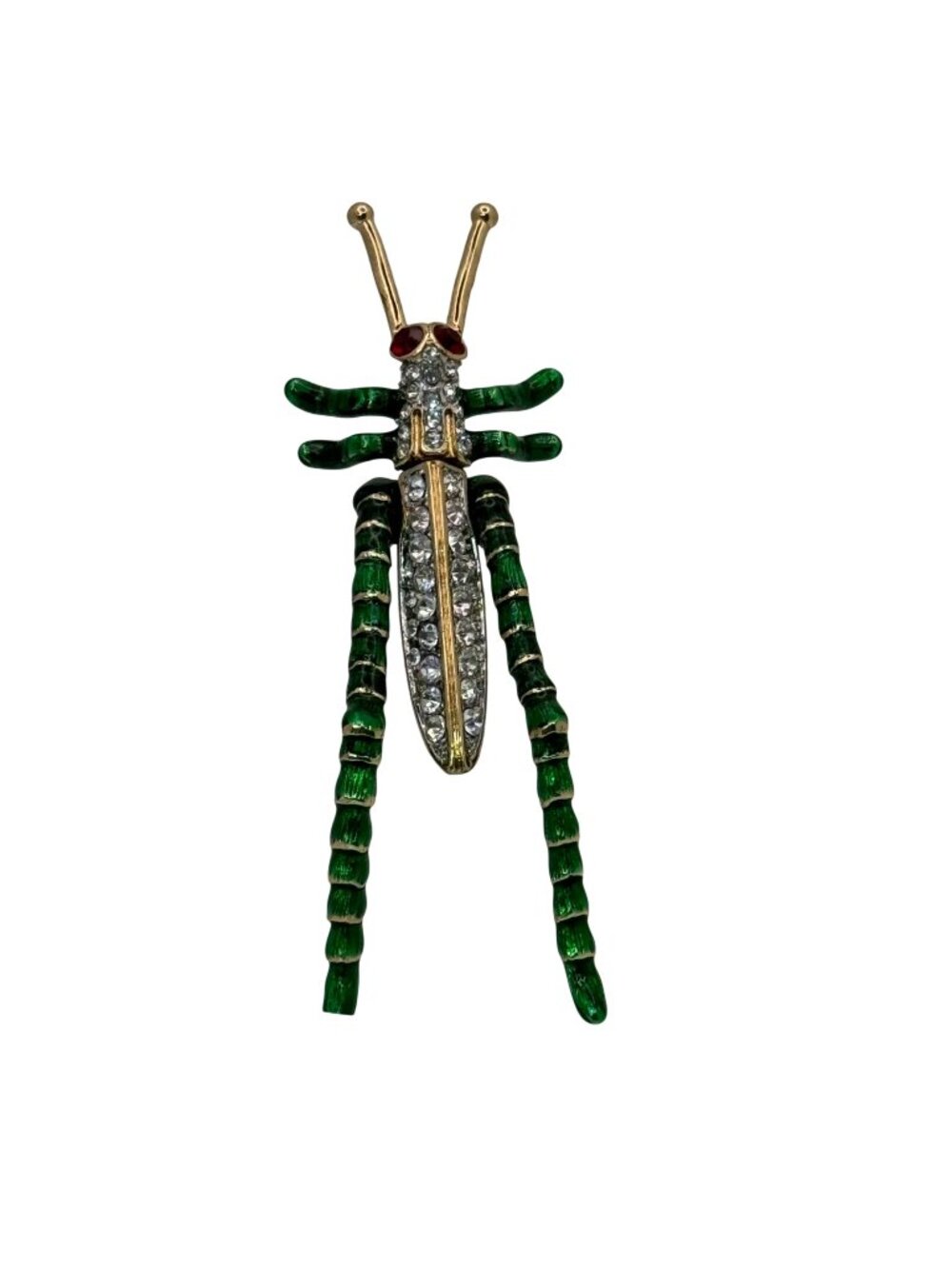 Kenneth Jay Lane Grasshopper Brooch Pin Green Enamel Rhinestones Gold-Tone KJL